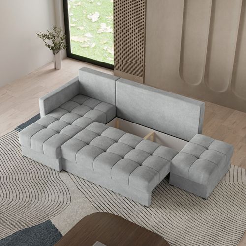 Canapé D'angle Lumari Gris Clair En Peluche Avec Fonction De Couchage