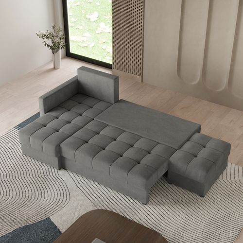 Canapé D'angle Lumari Gris En Peluche Avec Fonction De Couchage