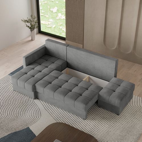 Canapé D'angle Lumari Gris En Peluche Avec Fonction De Couchage