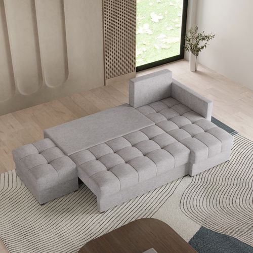 Canapé D'angle Lumari Gris Clair En Tissu Texturé Avec Fonction De Couchage