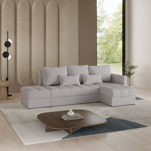 Canapé D'angle Lumari Gris Clair En Tissu Texturé Avec Fonction De Couchage