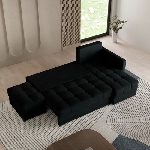 Canapé D'angle Lumari Noir En Peluche Avec Fonction De Couchage