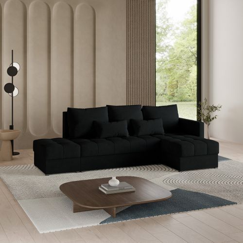 Canapé D'angle Lumari Noir En Peluche Avec Fonction De Couchage