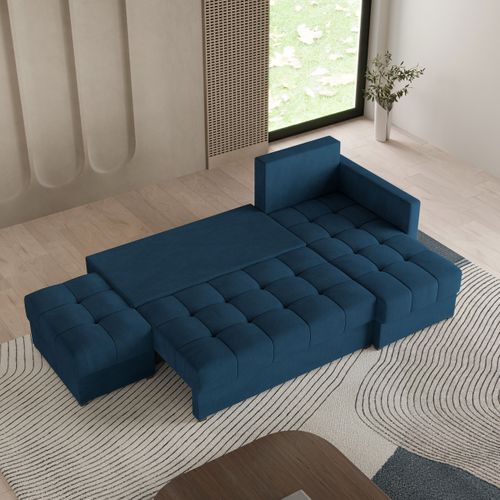 Canapé D'angle Lumari Bleu En Peluche Avec Fonction De Couchage