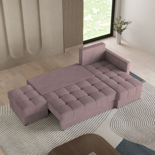 Canapé D'angle Lumari Rose En Peluche Avec Fonction De Couchage