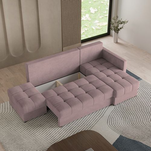 Canapé D'angle Lumari Rose En Peluche Avec Fonction De Couchage