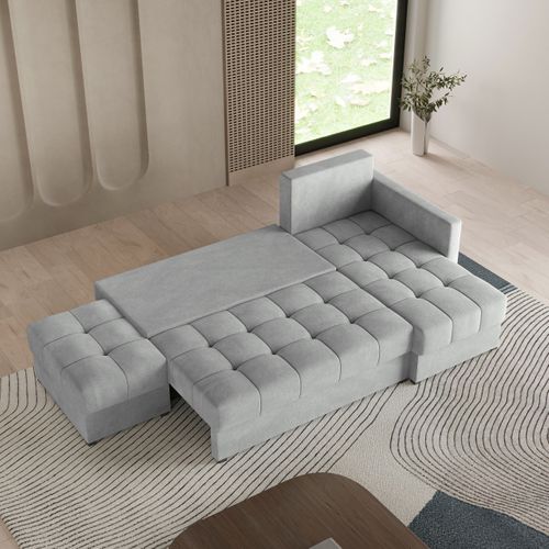 Canapé D'angle Lumari Gris Clair En Peluche Avec Fonction De Couchage
