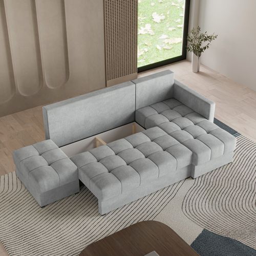 Canapé D'angle Lumari Gris Clair En Peluche Avec Fonction De Couchage