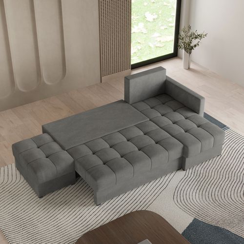 Canapé D'angle Lumari Gris En Peluche Avec Fonction De Couchage