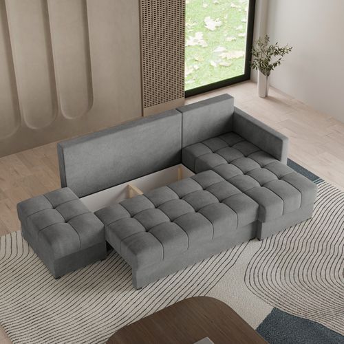 Canapé D'angle Lumari Gris En Peluche Avec Fonction De Couchage