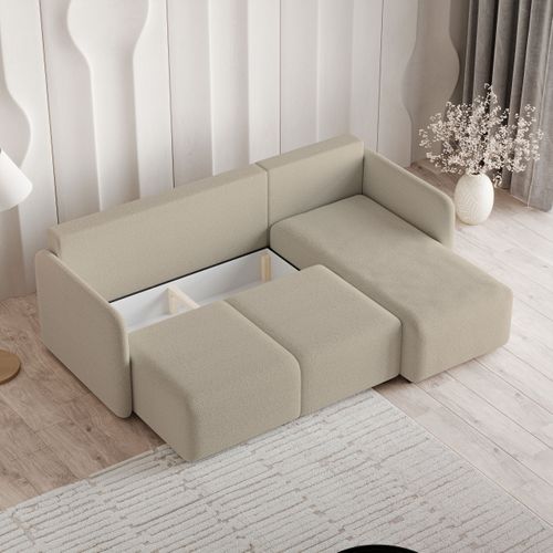 Canapé D'angle Suvino Beige En Bouclé Avec Fonction De Couchage