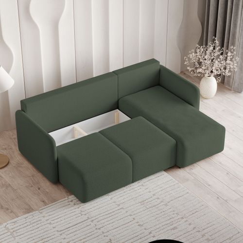 Canapé D'angle Suvino Vert En Bouclé Avec Fonction De Couchage