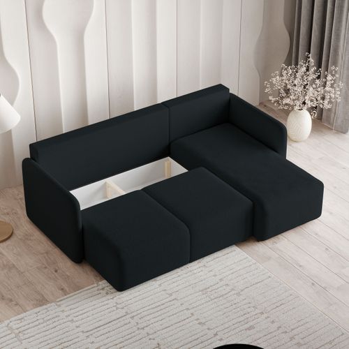 Canapé D'angle Suvino Noir En Bouclé Avec Fonction De Couchage