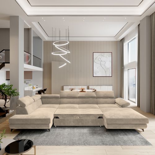 Canapé D'angle Rubano Crème En Velours Avec Fonction De Couchage