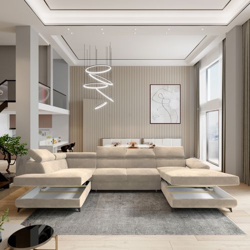 Canapé D'angle Rubano Crème En Velours Avec Fonction De Couchage