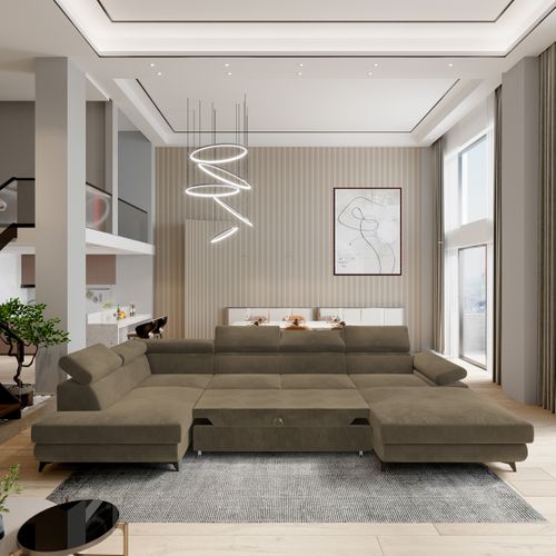 Canapé D'angle Rubano Beige En Velours Avec Fonction De Couchage