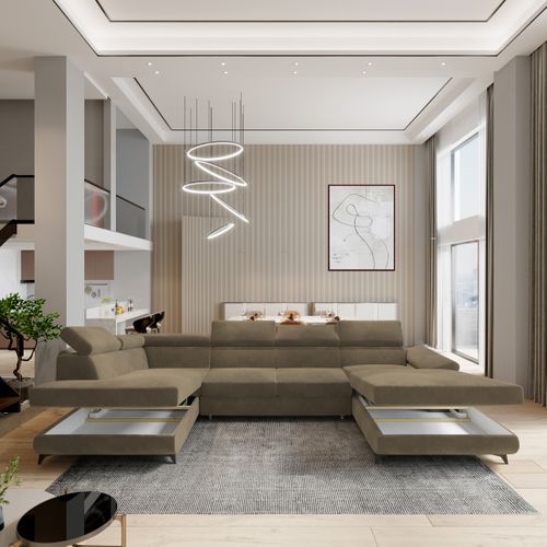 Canapé D'angle Rubano Beige En Velours Avec Fonction De Couchage