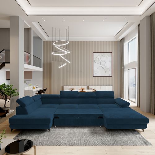 Canapé D'angle Rubano Bleu En Velours Avec Fonction De Couchage