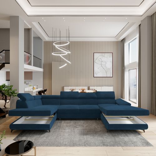 Canapé D'angle Rubano Bleu En Velours Avec Fonction De Couchage