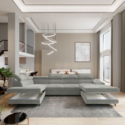 Canapé D'angle Rubano Gris Clair En Velours Avec Fonction De Couchage