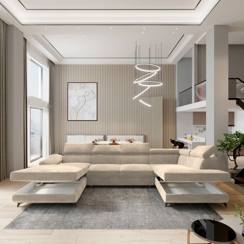 Canapé D'angle Rubano Crème En Velours Avec Fonction De Couchage