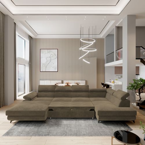 Canapé D'angle Rubano Beige En Velours Avec Fonction De Couchage