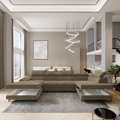 Canapé D'angle Rubano Beige En Velours Avec Fonction De Couchage