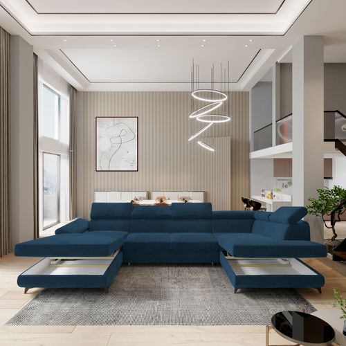 Canapé D'angle Rubano Bleu En Velours Avec Fonction De Couchage