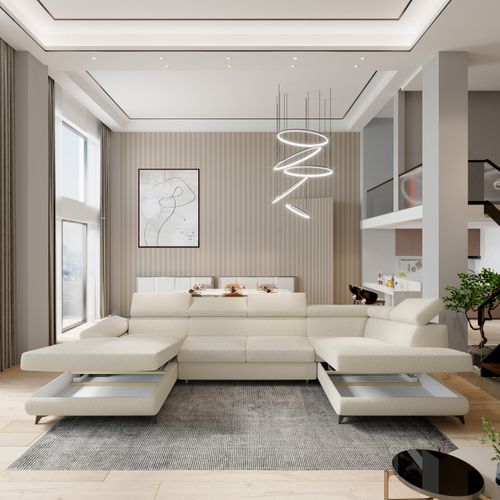 Canapé D'angle Rubano Crème En Bouclé Avec Fonction De Couchage