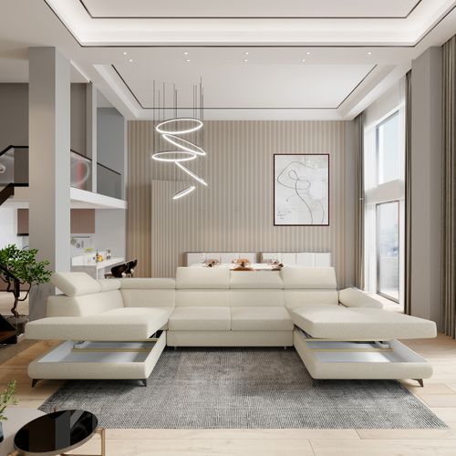 Canapé D'angle Rubano Crème En Bouclé Avec Fonction De Couchage