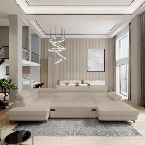 Canapé D'angle Rubano Beige En Bouclé Avec Fonction De Couchage