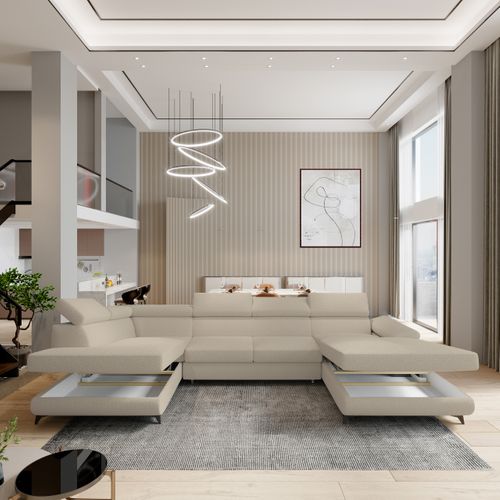 Canapé D'angle Rubano Beige En Bouclé Avec Fonction De Couchage