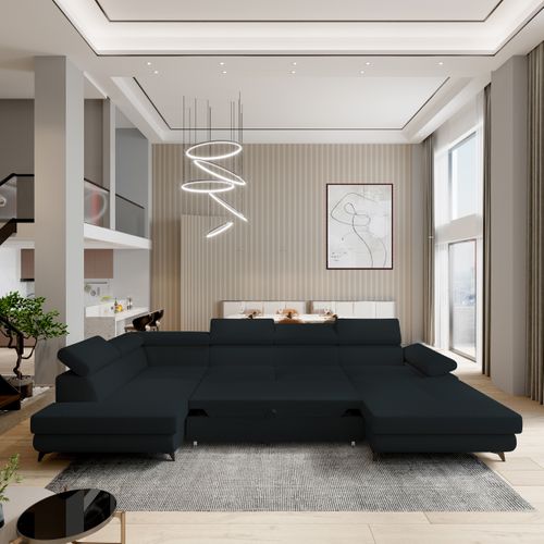 Canapé D'angle Rubano Noir En Bouclé Avec Fonction De Couchage