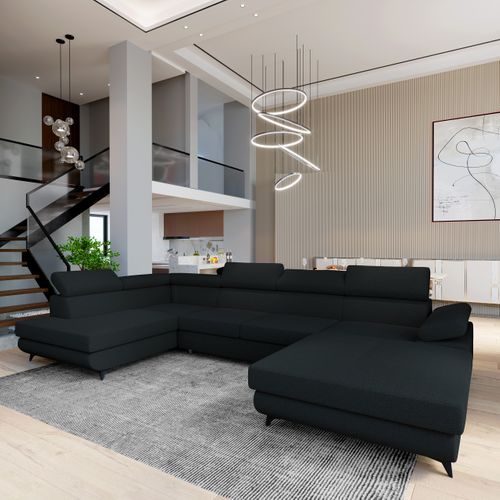 Canapé D'angle Rubano Noir En Bouclé Avec Fonction De Couchage