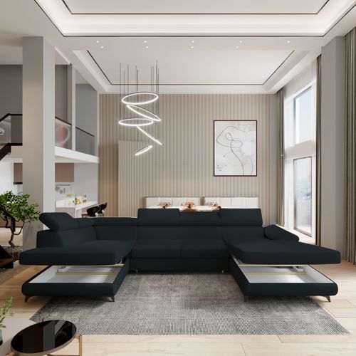 Canapé D'angle Rubano Noir En Bouclé Avec Fonction De Couchage