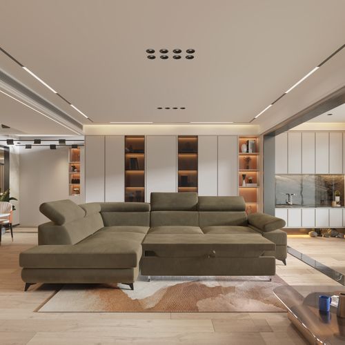 Canapé D'angle Favien Beige En Velours Avec Fonction De Couchage