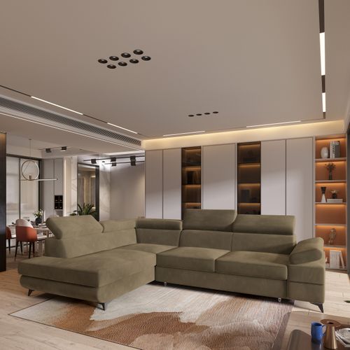 Canapé D'angle Favien Beige En Velours Avec Fonction De Couchage