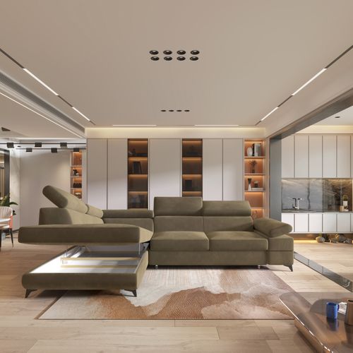 Canapé D'angle Favien Beige En Velours Avec Fonction De Couchage