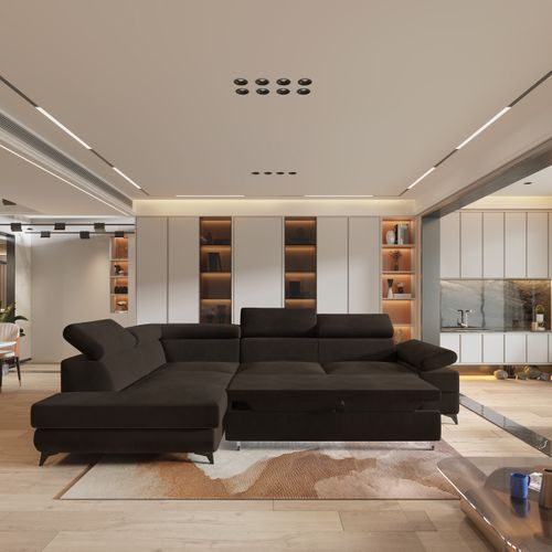 Canapé D'angle Favien Marron En Velours Avec Fonction De Couchage