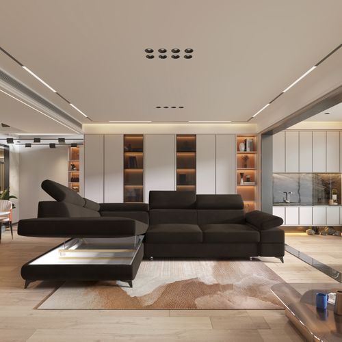 Canapé D'angle Favien Marron En Velours Avec Fonction De Couchage