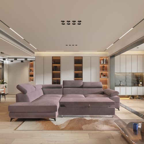 Canapé D'angle Favien Violet En Velours Avec Fonction De Couchage