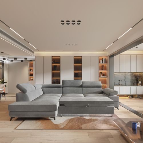 Canapé D'angle Favien Gris Clair En Velours Avec Fonction De Couchage