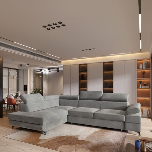 Canapé D'angle Favien Gris Clair En Velours Avec Fonction De Couchage