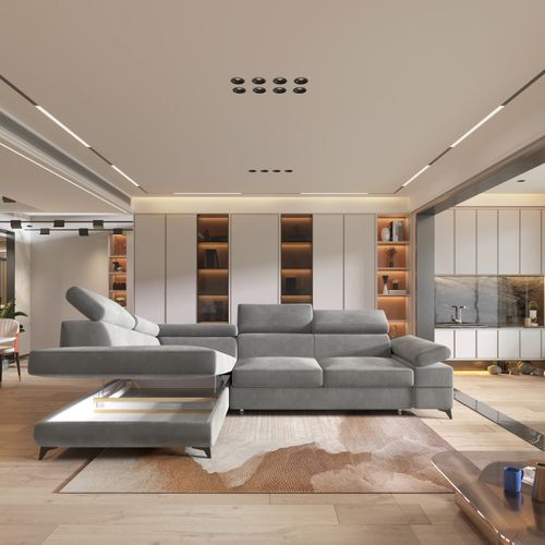 Canapé D'angle Favien Gris Clair En Velours Avec Fonction De Couchage