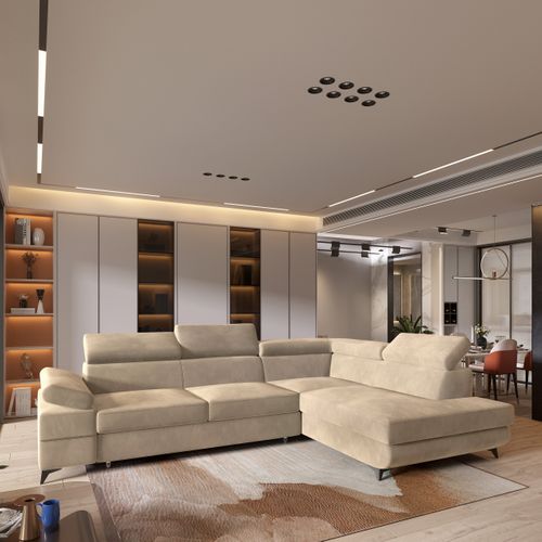 Canapé D'angle Favien Crème En Velours Avec Fonction De Couchage