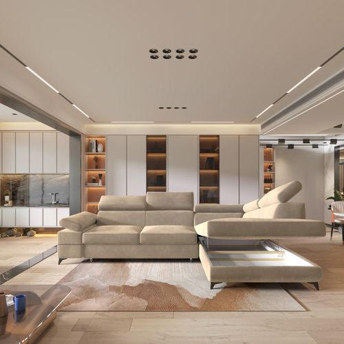 Canapé D'angle Favien Crème En Velours Avec Fonction De Couchage