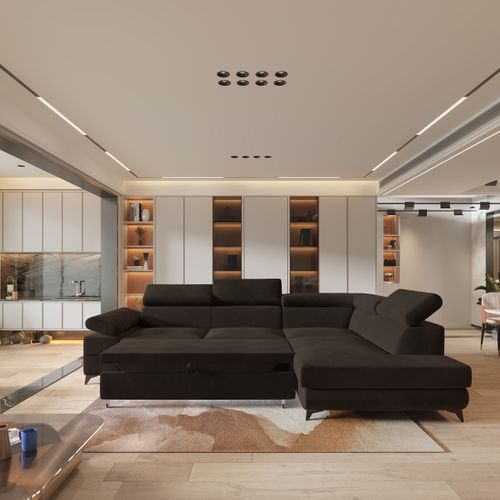 Canapé D'angle Favien Marron En Velours Avec Fonction De Couchage