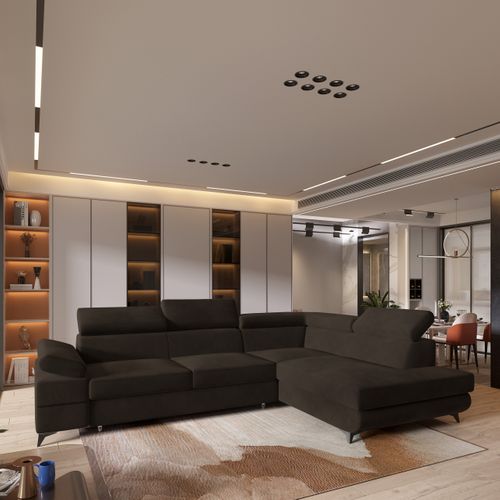 Canapé D'angle Favien Marron En Velours Avec Fonction De Couchage