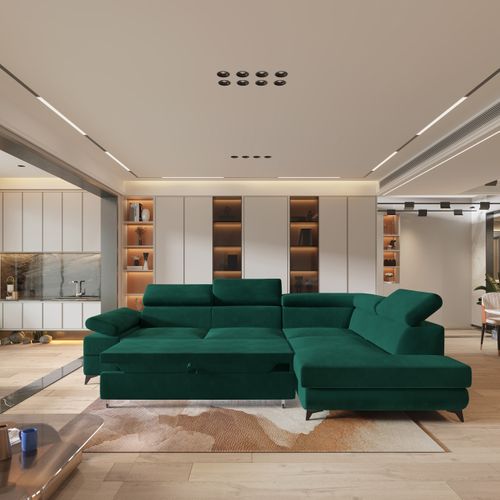 Canapé D'angle Favien Vert Sapin En Velours Avec Fonction De Couchage