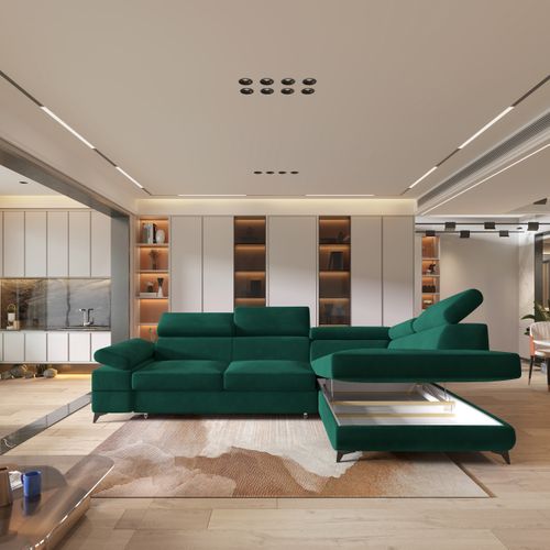 Canapé D'angle Favien Vert Sapin En Velours Avec Fonction De Couchage